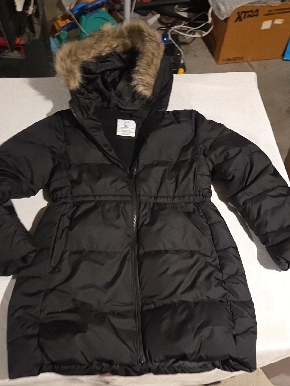 GAP Black Women's Long Puffer Coat with Faux Fur Hood Trim